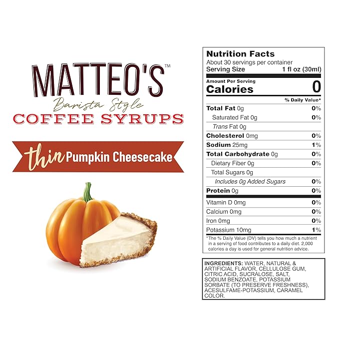 Matteo's Pumpkin Cheesecake Syrup for Coffee, Lattes, Cappuccinos & Desserts – Sugar-Free Sweetener for Beverages, Keto Friendly, Zero Calories, Indulgent Flavor, Non-Alcoholic, 33.8oz (6pk)
