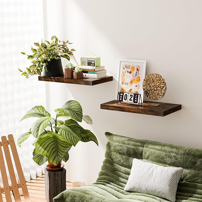 Rustic Brown 24 Inch Floating Shelves for Wall, Wooden 12 Inch Deep Floating Shelves Set of 2, Wall Shelves for Bathroom over Toilet, Live Edge Display Shelf with Invisible Brackets for Home Decor
