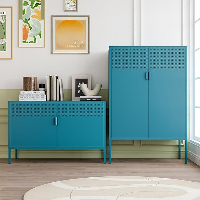 Metal Storage Cabinet with Doors,Blue Accent Cabinet,Metal Locker Storage Cabinets,2 Door TV Media Stand with Removable Shelves for,Home,Office,Entryway,Living Room