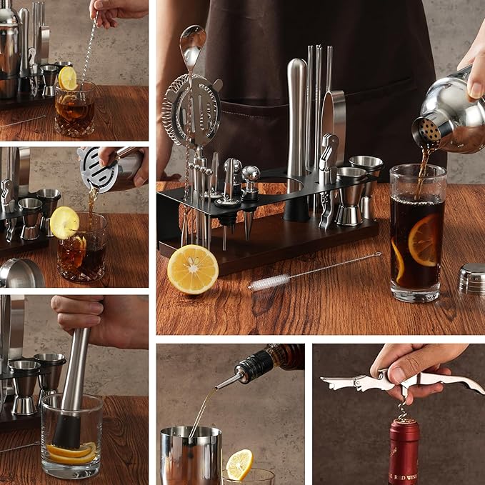 23-Piece Bartender Kit, Cocktail Shaker Set with Stand | Bar Drink Mixer Set with All Essential Bar Tools: Martini Shaker, Jigger, Strainer, Muddler, Pourers, for Home, Bar, Party (Black)
