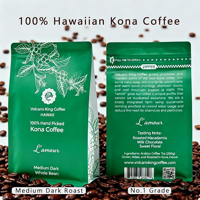 Hawaiian Kona Coffee Beans, 100% Kona No Blend, No. 1 Grade, Medium Dark Roast, from Our Coffee Estate in Hawaii, Smooth and Low Acidity(L'amour, 7 oz)