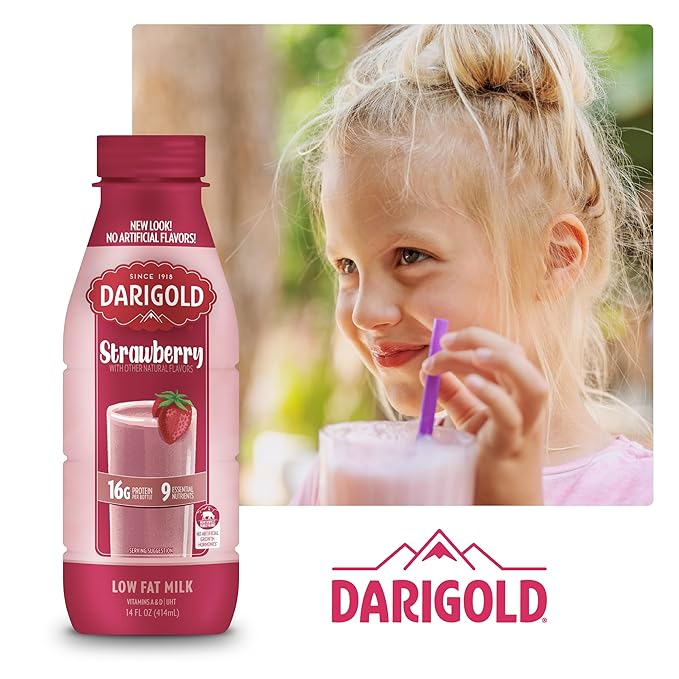Darigold 1 Percent Milk, Reduced Fat Shelf Stable Milk with 9 Essential Nutrients, 16g Protein, rsBT Free - 14oz, 12 Pack (Strawberry)