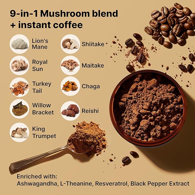 Mushroom Coffee Organic - 9 Mushroom Adaptogen Mix - Lion's Mane, Chaga, Turkey Tail, Reishi, Shiitake - Instant Mushrooms Coffee for Gut Health, Energy, Mental Clarity - 60 Servings