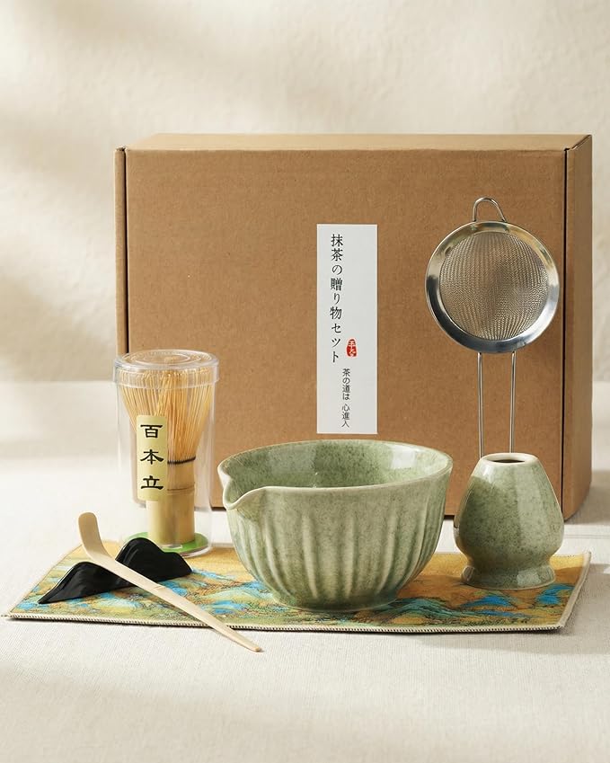 Handcrafted Matcha Kit, 7-Piece Green Tea Set, Includes Ceramic Bowl, Bamboo Whisk, Stainless Steel Sifter, Bamboo Scoop, Whisk Holder & Cotton Towel, Perfect for Tea Ceremony, Green Small Flower