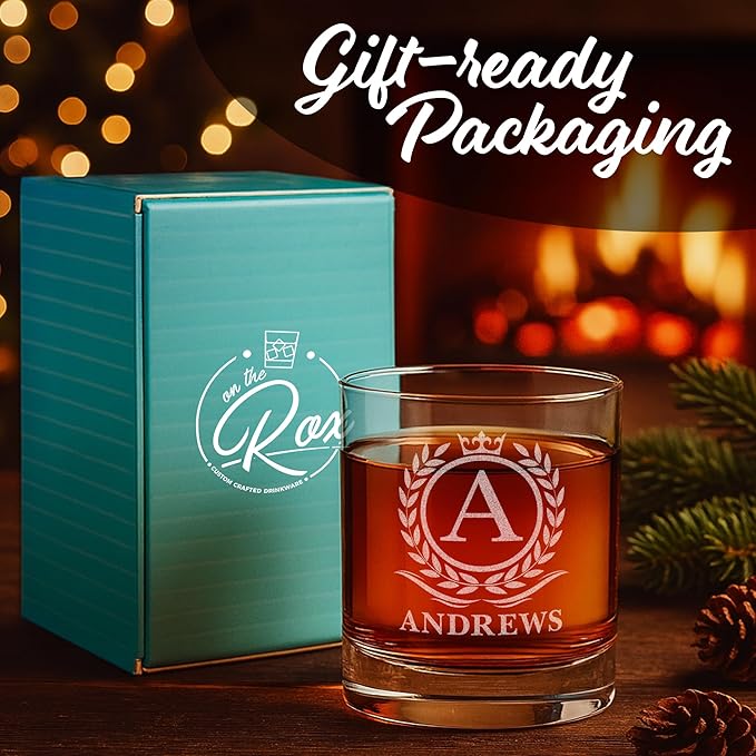 Personalized Whiskey & Bourbon Glass - 11 oz Engraved Name Monogram - Custom Cocktail, Rocks, Brandy Glass by On The Rox Drinks