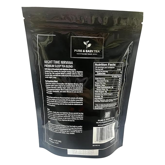 Pure And Easy Tea, Nighttime Nirvana, Sleep & Relaxation Herbal Tea, Caffeine-Free Whole-Leaf Blend with Chamomile, Lavender & Lemon Balm, Premium 20 Plant-Based Sachets