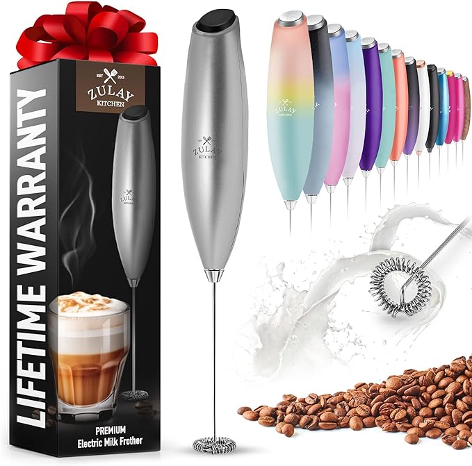 Zulay Powerful Milk Frother for Coffee with Upgraded Titanium Motor - Handheld Electric Whisk, Foamer, Mini Mixer and Coffee Blender for Latte, Matcha, No Stand - Silver/Black