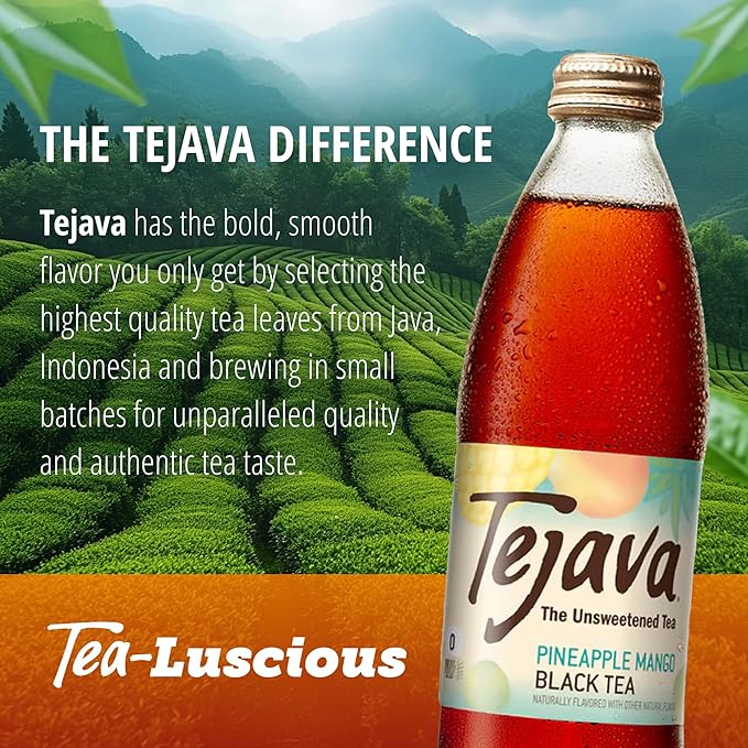 Tejava Pineapple Mango Black Iced Tea, 4 Pack, 12oz Glass Bottles, Unsweetened, Non-GMO, Kosher, No Sugar or Sweeteners, No calories, No Preservatives, Brewed in Small Batches