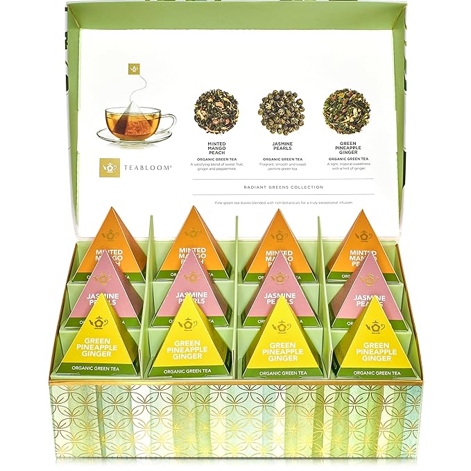 Teabloom Radiant Greens – Organic Green Tea Sampler with 12 Plant-Based Pyramid Sachets, Jasmine Pearls, Minted Mango Peach & Pineapple Ginger, Gift-Ready Presentation Box for Tea Lovers