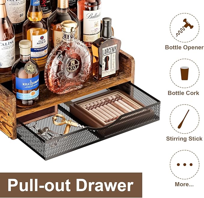 Liquor Bottle Display Shelf with Drawer, 3 Step Countertop Bar Shelves, Coffee Syrup Rack Organizer, Mini Bar, Retro Wine Rack Storage Shelves Stand for Liquor Whiskey Wine