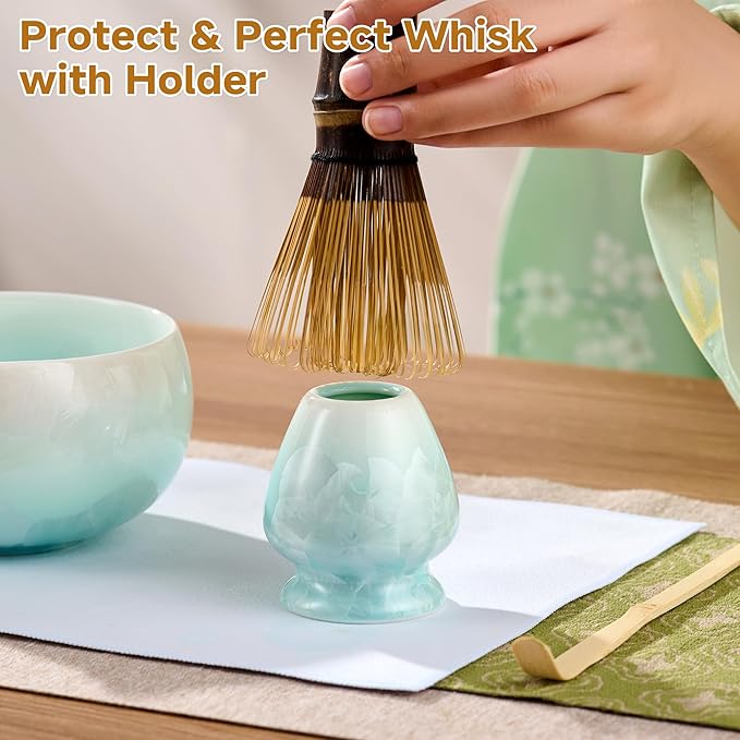 Matcha Whisk Set – Crystalline Glaze Bowl, Bamboo Whisk & Holder, Scoop & Sifter with Holder, Cup with Lid & Straw, Ice Cube Tray & Tea Towel – Blue Matcha Gift Set for Women, Christmas Gifts