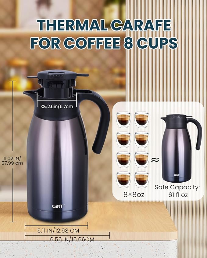 GiNT 1.9L / 64Oz Thermal Coffee Carafe, Insulated Stainless Steel Coffee Carafes for Keeping Hot/Double Walled Vacuum Thermal Carafe (Purple)