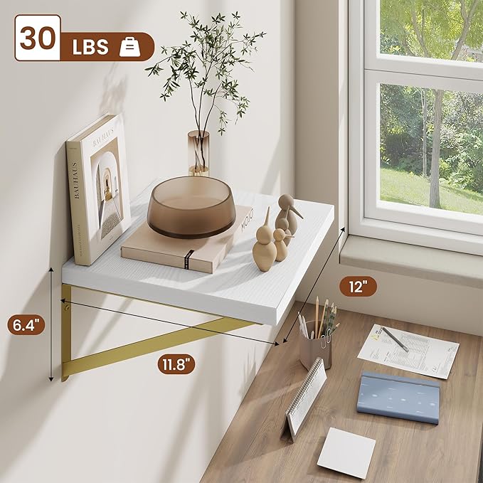 Deep Wall Shelves 12"W x 12"D Engineered Wood Floating Shelves for Wall, Sturdy Metal Bracket(Gold) Bookshelves Home Decor Storage for Living Room Bedroom Bathroom Kitchen, Set of 2, White Finish