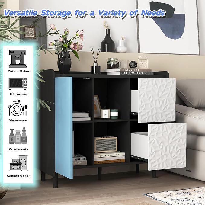 35" Small Sideboard Storage Cabinet with Storage, Storage Cabinet with Adjustable Shelf, 2 Drawers, 1 Blue Door, Modern Coffee Bar Cabinet for Dining Room, Living Room