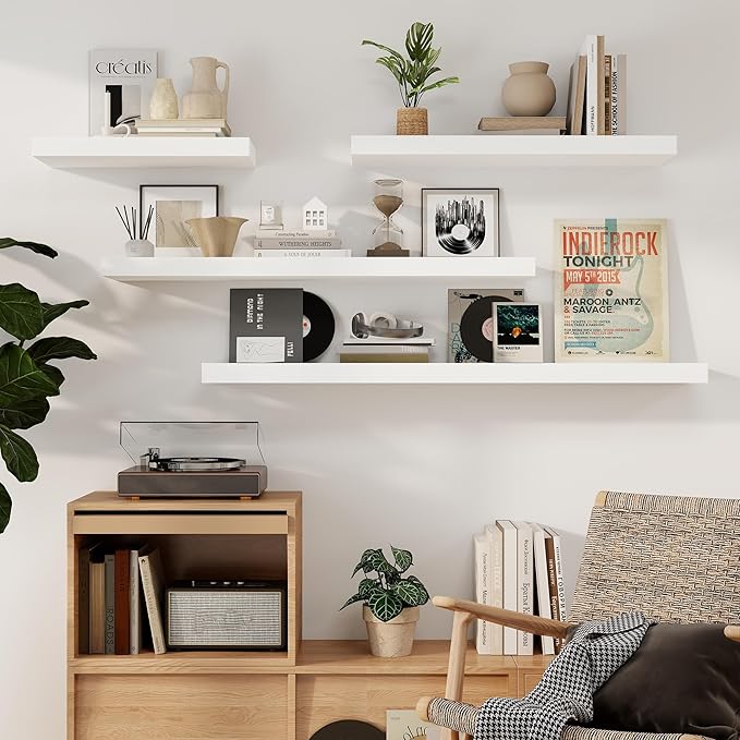 Fun Memories Floating Shelves, 9.3 Inch Deep Solid Pine Wood Wall Shelves for Storage, Rustic Wall Mounted Display Shelf with Invisible Heavy-Duty Metal Bracket, 55 Inch Width, White