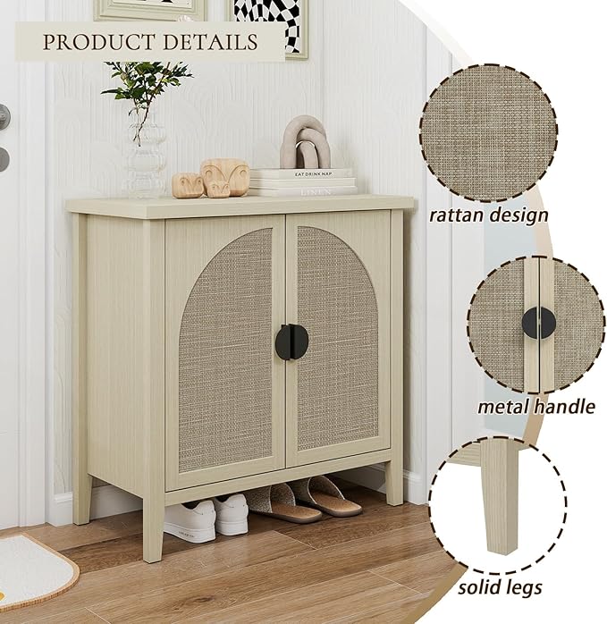Rattan Door Sideboard Buffet Cabinet, Modern 2-Door Coffee Bar with Adjustable Shelf, Small Wood Credenza Cabinet with Storage for Living Room, Dining Room, Entryway, Natural