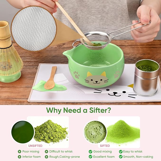 Matcha Whisk Set, 8Pcs Matcha Set for Ceremony, Matcha Whisk and Ceramic Bowl with Matcha Scoop & Sifter and All Accessories for Breakfast, Afternoon Tea, Ideal Gift Christmas, Anniversary
