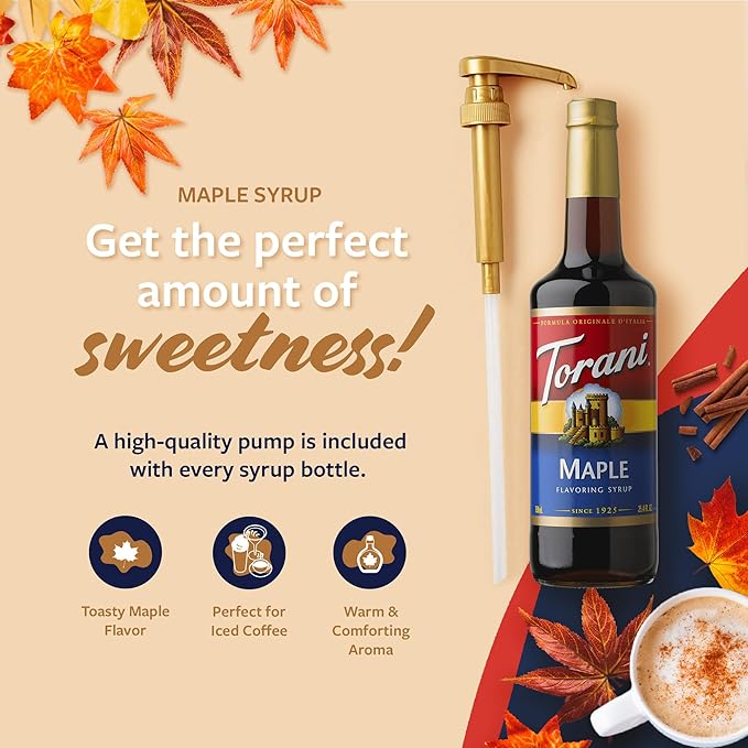 Torani Coffee Syrup, Maple Flavoring for Drinks, Glass Bottle with Pump Included, 25.4 Fl Oz