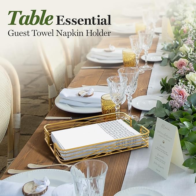 Gold Guest Towel Holder Tray for Bathroom – Countertop Napkin Organizer for Disposable Paper Towels, Elegant Hand Towel Rack for Powder Room, Modern Guest Bathroom Accessories