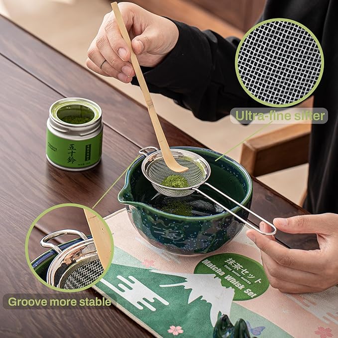 Clay&Fire Matcha Whisk Set，9 Pcs Ceramic Matcha Set, 15 OZ Matcha Bowl with Spout and Whisk for Friend, Ideal Gift for Matcha Lover（Starry）