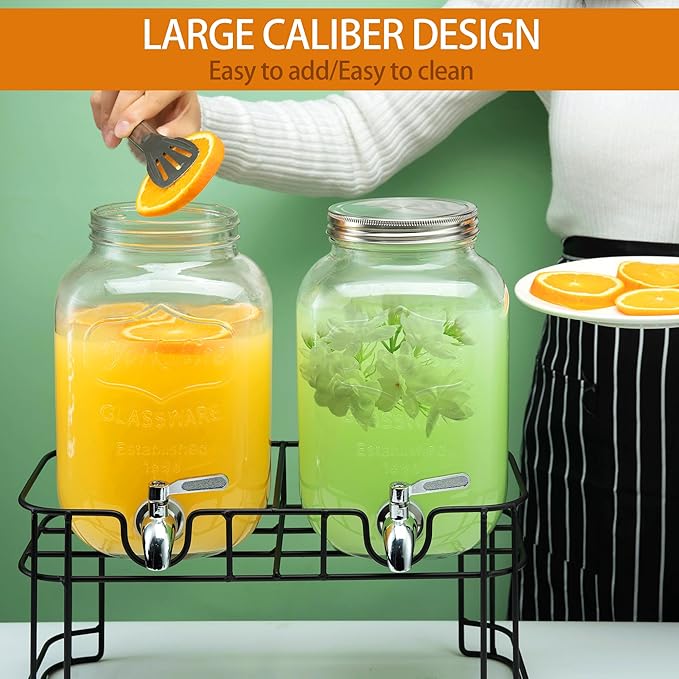 1 Gallon Glass Drink Dispensers for Parties, 2PACK Beverage Dispenser with Stand, Ice Cylinder and Stainless Steel Spigot 100% Leakproof, Beverage Dispenser for Lemonade Sun Tea