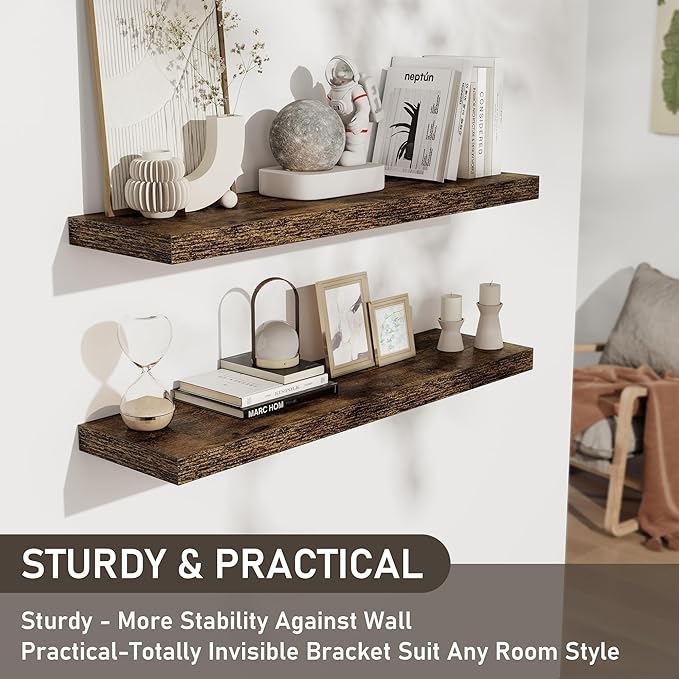 Fun Memories 36 Inch Floating Shelves, Wall Shelves Set of 2 for Bathroom/Living Room/Bedroom/Kitchen, Wall Mounted Floating Shelf for Home Decor with Invisible Brackets, Rustic Brown