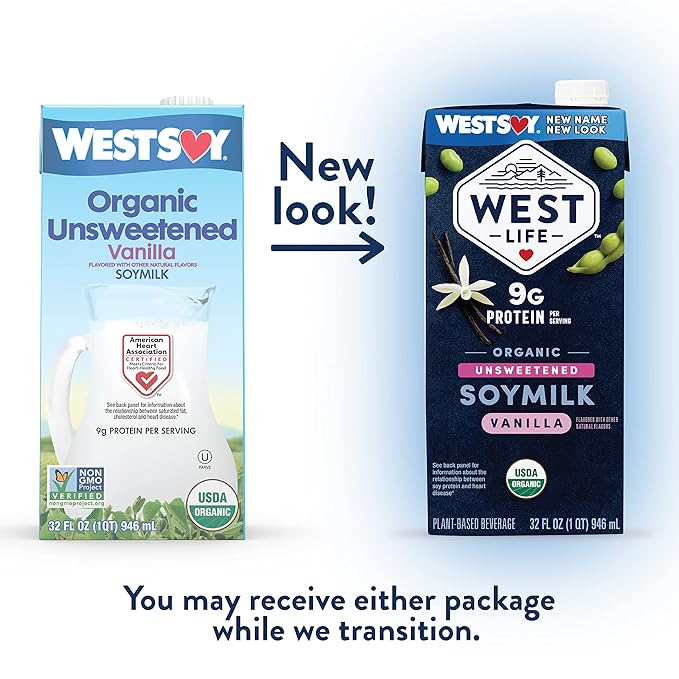 West Life Organic Soy Milk, Unsweetened Vanilla, 8g of Protein, Vegan Dairy Alternative, Lactose-Free, Shelf Stable, 32oz (Pack of 12)