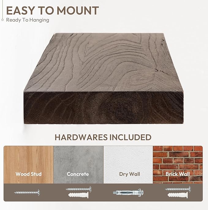 Marsmiles 55 inch Floating Shelves for Wall Solid Elm Wood Wall Mounted Shelves|Rustic Long Floating Shelves with Invisible Bracket for Bathroom Living Room Kitchen|Walnut, 1 Pack