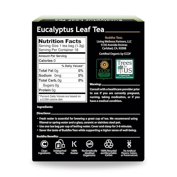 Organic Eucalyptus Tea - Kosher, Caffeine-Free, GMO-Free - 18 Bleach-Free Tea Bags