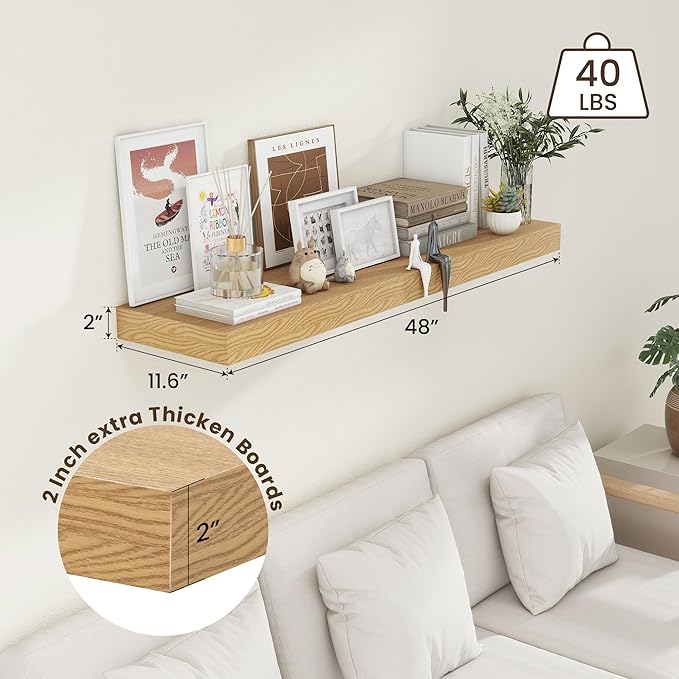 48 Inch Oak Floating Shelf | 12 Inch Deep Floating Shelves Set of 1 | 48" D x 12" D Rustic Wood Shelves for Wall | Deep Oak Shelves for Living Room Bathroom Laundry Room Kitchen