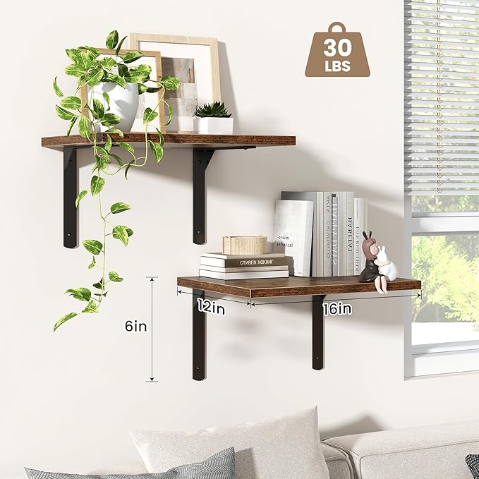 Fun Memories Rustic Brown 12 Inch Deep Floating Shelves Set of 2, Wall Mounted Shelf with Metal Brackets, Rustic Wood Wall Shelf for Bathroom, Kitchen and Living Room, Rustic Brown, 16W x 12D
