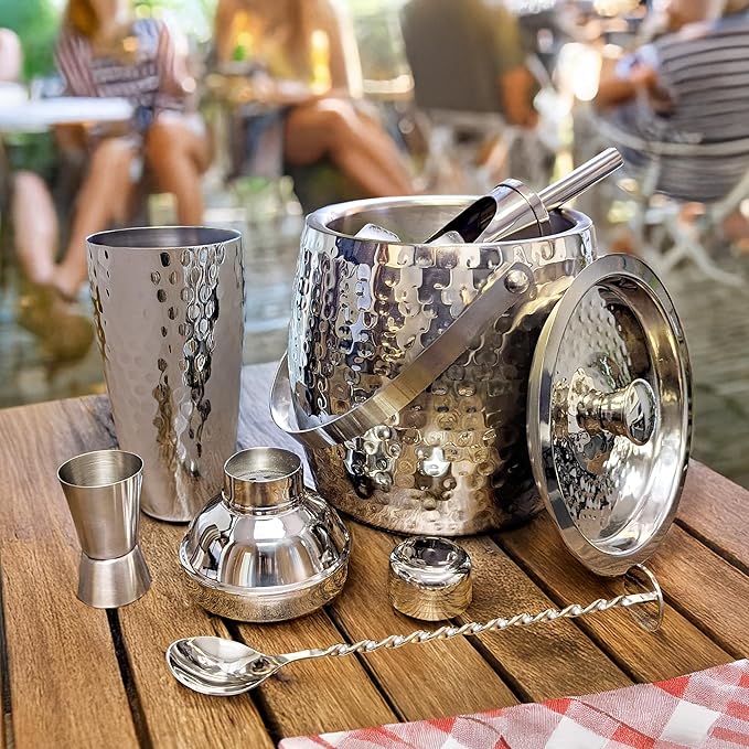 BREKX Stainless Steel Beverage Tub and Ice Bucket with Lid and Scoop Party Combo Set, Silver Double-Walled Insulated Barware Set