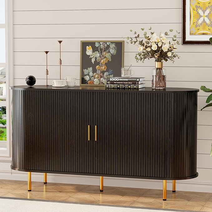 DHH Sideboard Buffet Cabinet with Storage,Mid Century Modern Fluted Accent Coffee Bar Console Table,Tambour Sliding Doors& Adjustable Shelf for Kitchen, Living Room, Entryway(Black, 55 Inch)