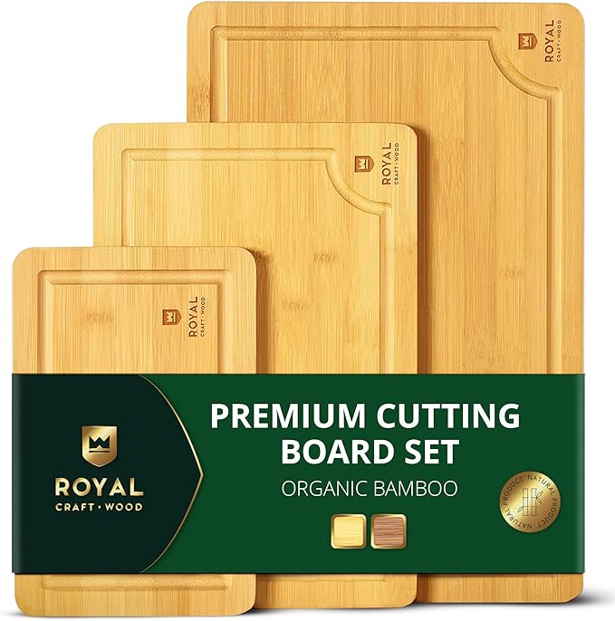 ROYAL CRAFT WOOD Premium Cutting Boards for Kitchen Meal Prep & Serving - Bamboo Wooden Serving Board Set with Deep Juice Groove Side Handles - Charcuterie & Chopping Butcher Block for Meat