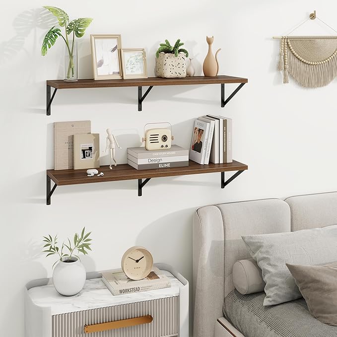 Axeman Deep Floating Shelves for Wall - 36 Inch Wide x 10 Inch Deep Floating Shelves Set of 2 -Walnut Wide Wall Shelves for Living Room Bathroom Bedroom