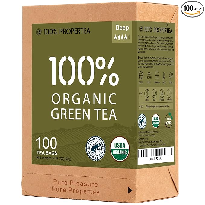 100% Propertea Organic Green Tea Bags, 100 Count, Individually Wrapped, Deep Taste, Caffeinated, Rich in Antioxidants