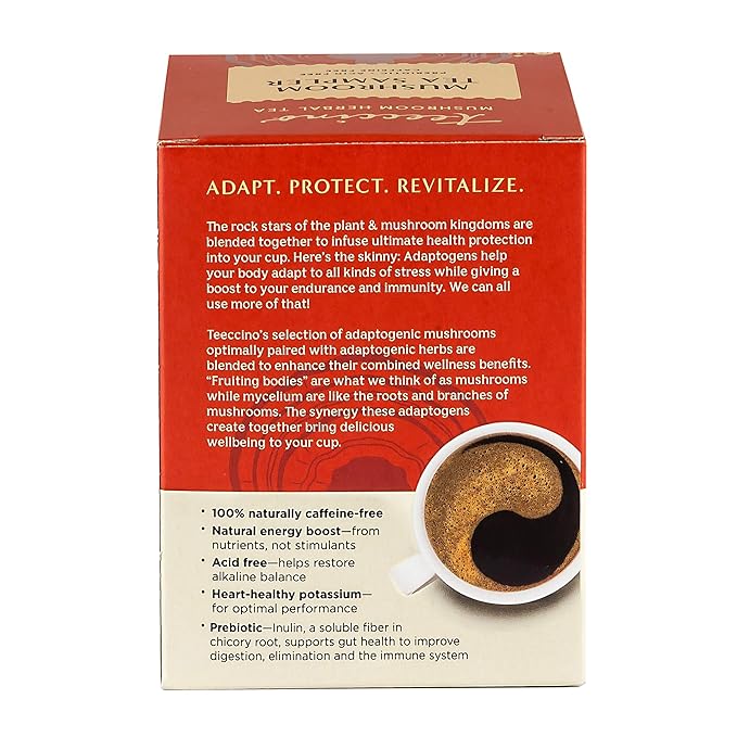 Teeccino Mushroom Herbal Tea - Mushroom Adaptogen Tea Sampler - 12 Tea Bags - Support Your Health With Mushrooms and Adaptogenic Herbs, Prebiotic, Caffeine Free, Acid Free