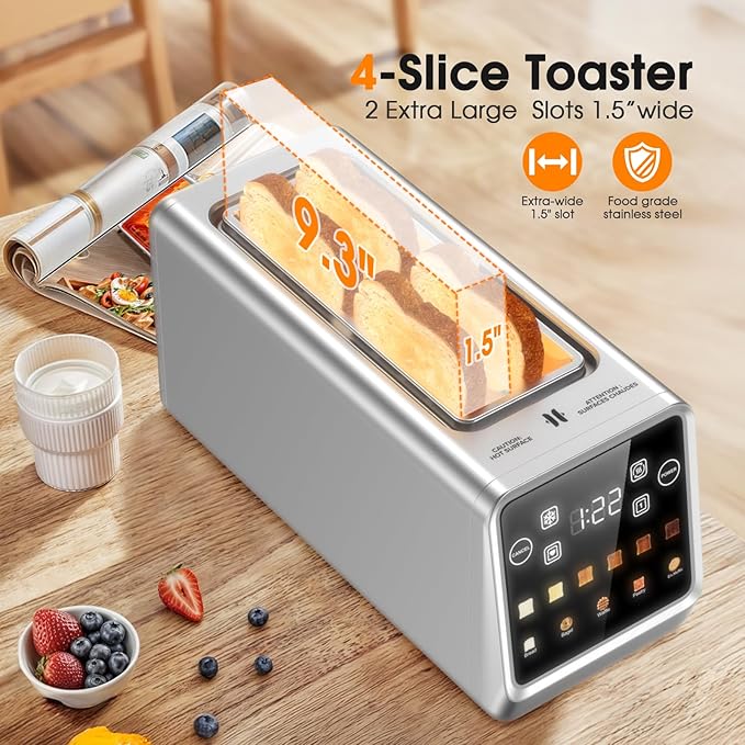 4 Slice Toaster with Smart Digital Touchscreen & 1-Touch Memory | Stainless Steel Long Extra-Wide Slot for Bagels & Artisan Bread | Single-Slice Defrost and Reheat Modes
