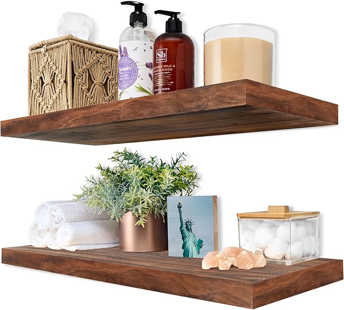 Sorbus 24' Walnut Wood Floating Shelves - Set of 2, Solid Pine, Wall Mounted, Rustic Style, Bathroom & Living Room