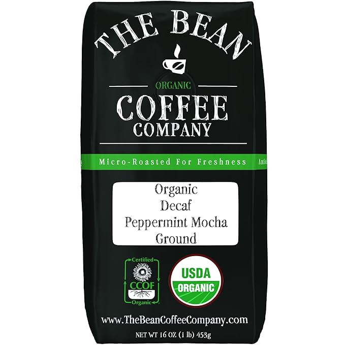 The Bean Organic Coffee Company Water Processed DECAF Peppermint Mocha, Medium Roast, Ground Coffee, 16-Ounce Bag, Café Molido Tostado Orgánico descafeinado