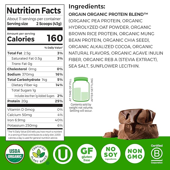 Orgain Organic Vegan Protein Powder + Oat Milk, Chocolate - 20g Plant Based Protein, Gluten Free, No Dairy, Soy or Lactose Ingredients, Low Sugar, Non-GMO, Kosher, For Shakes & Smoothies - 1.05lb