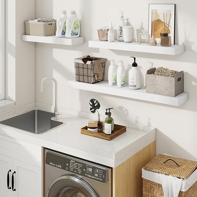 fuqing Floating Shelves for Wall, Wall Mounted Wood Floating Shelf with Invisible Brackets for Living Room, Bathroom, Bedroom, Kitchen Storage and Decor, 48 Inch Set of 2, White