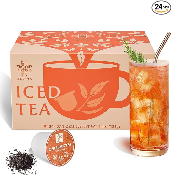 Johou Unsweetened Iced Black Tea Specially Ground Taiwan Tea Full-Flavor Pods, Compatible with All K-Cup Brewers & Keurig 2.0, 24 pods