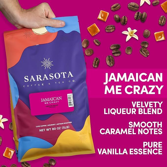 Sarasota Coffee Whole Bean Jamaican Me Crazy | Medium Roast Gourmet Flavored Coffee Beans | Low Acid, Mold Free, Specialty Grade Bulk Beans | 5lb (80 oz)