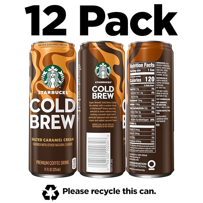 Starbucks Cold Brew Coffee, Salted Caramel Cream, 11 fl oz Cans (12 Pack), Premium Coffee Drink, Iced Coffee