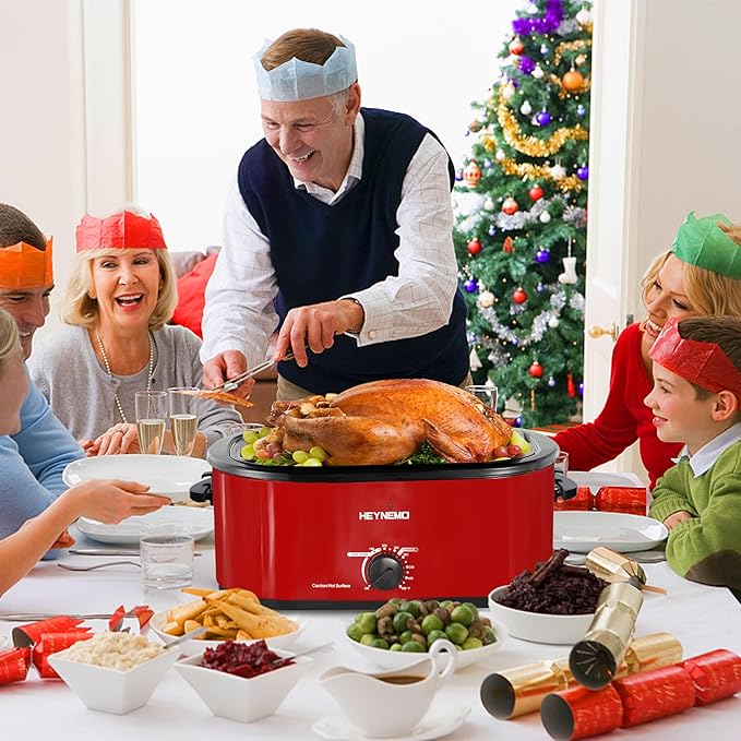 24Qt Turkey Roaster Oven Buffet with Self-Basting Lid, 1450W Electric Roaster Oven with Cool-Touch Handles, Stainless Steel，Removable Pan and Rack, Red