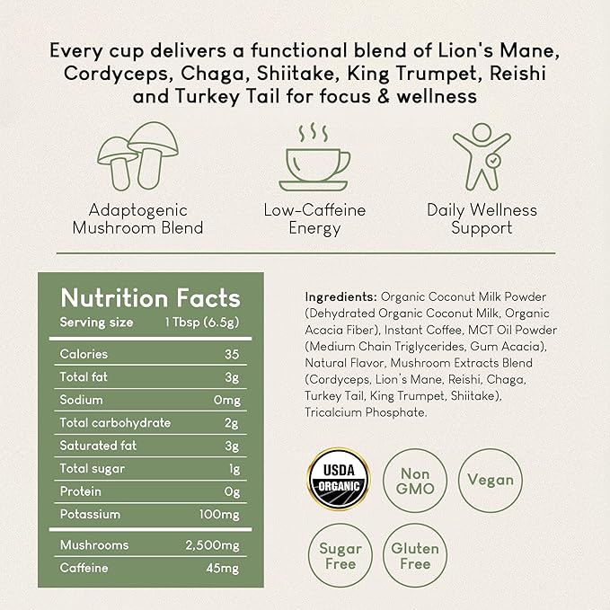 LYFE Organic Instant Mushroom Coffee, 40 Servings – Lion’s Mane, Chaga, Cordyceps & Turkey Tail | USA Grown Adaptogenic Blend for Energy, Focus & Wellness - Natural Superfood Coffee for Daily Vitality