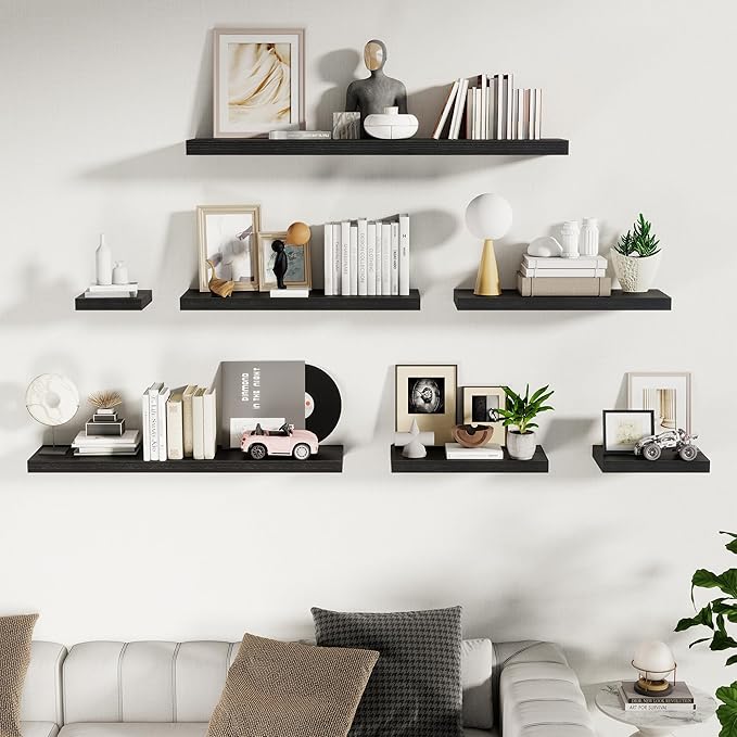 Fun Memories Floating Shelves for Wall 36 Inches, Wood Shelves with Invisible Bracket, 10" Deep Shelves Wall Mounted, Large Wood Floating Shelves for Living Room Bathroom, Black, Set of 2