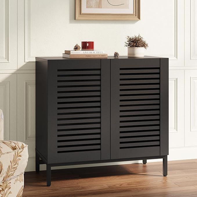 JOMEED Buffet Sideboard Cabinet with Grille-Striped Doors & Adjustable Shelf, Wood Storage Cabinet for Kitchen, Dining Room, Living Room, Entryway Black