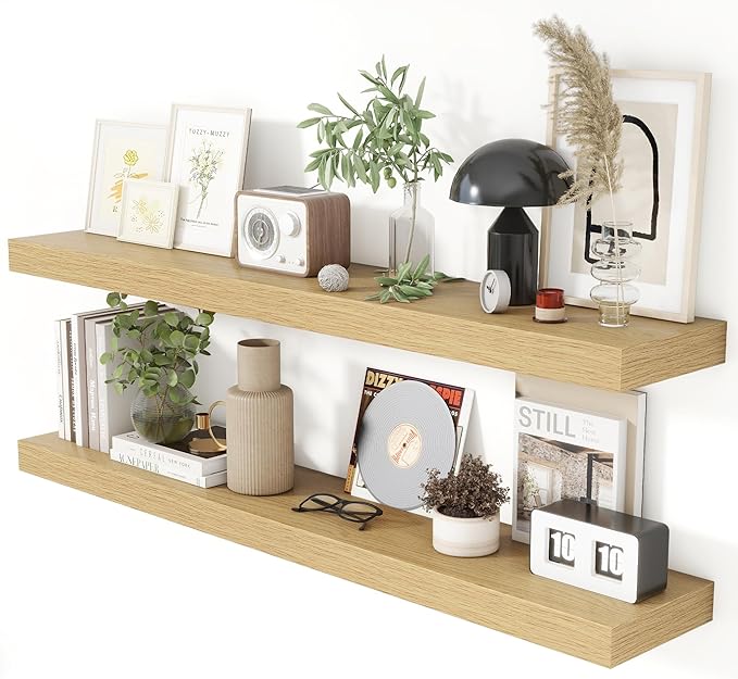 Heimlove 48 Inch Floating Shelves for Wall 8 Inch Deep Oak Shelves Set of 2,Wall Mounted Rustic Wood Long Floating Shelf，Large Display & Storage Shelf with Invisible Brackets